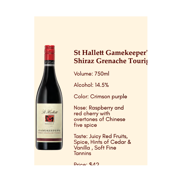 St Hallett Gamekeeper's Shiraz Grenache Touriga